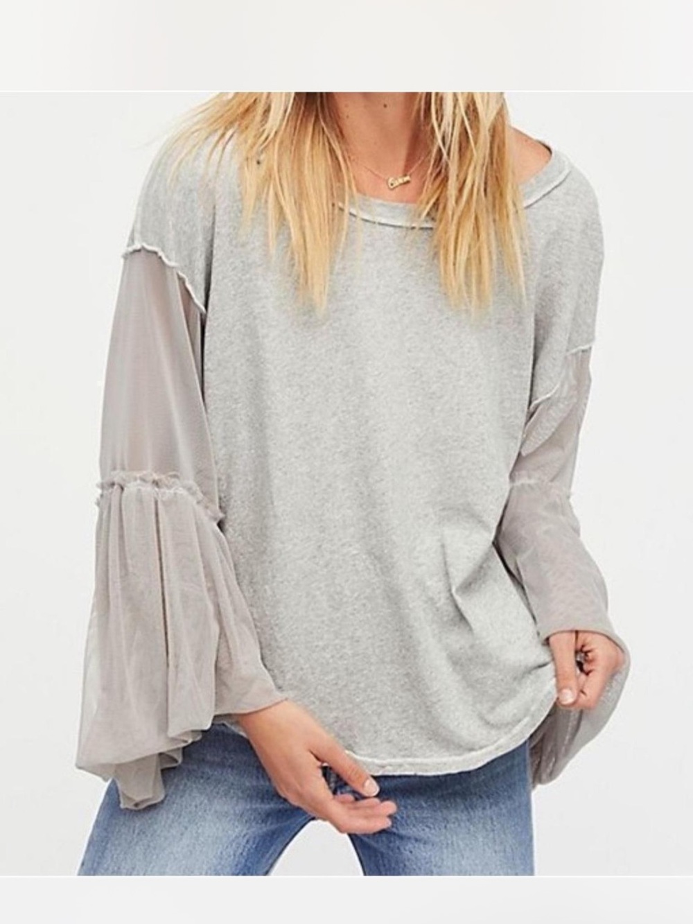 Free People Still Got It Light Gray Sheer Bell Sleeve Top Size S